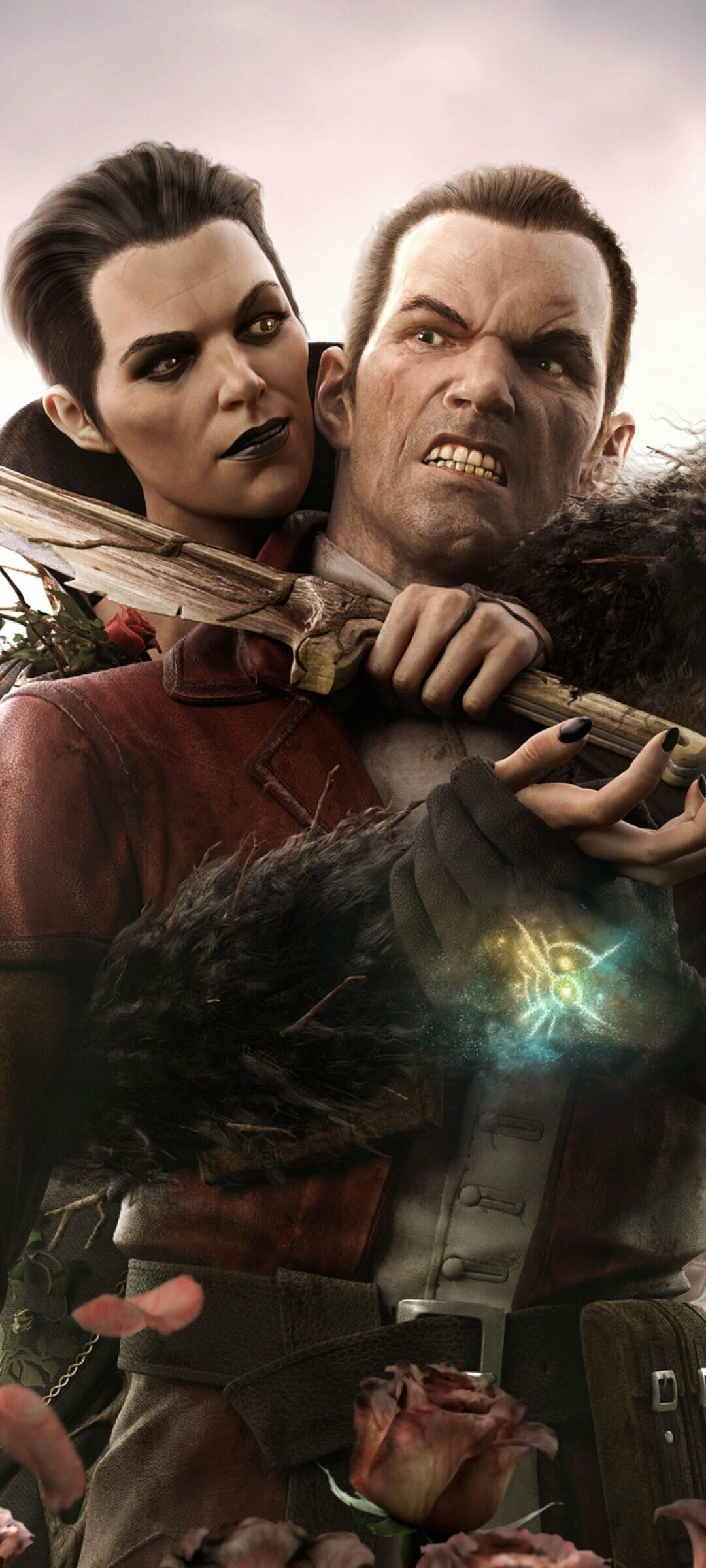 Woman holding a wooden blade to a man's throat featuring glowing magic hand and falling red rose petals.
