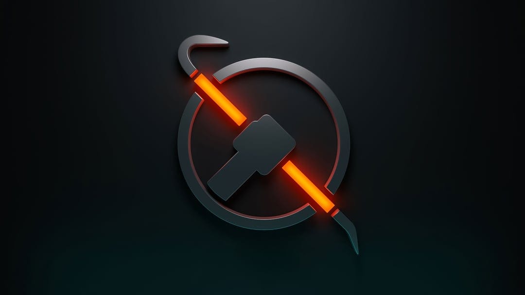 Metallic crowbar logo with a glowing orange diagonal bar and central lambda silhouette on a dark background.