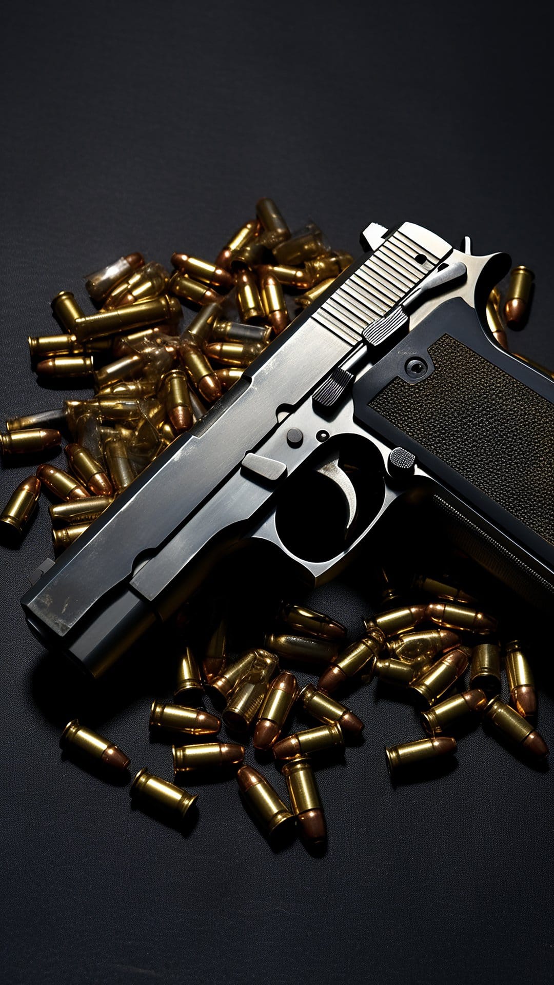 Silver semi-automatic pistol resting on a pile of brass ammunition over a dark, reflective surface.