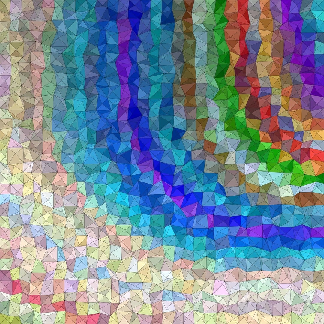 Multicolored triangular shards form a cascading ripple pattern with shades of blue, yellow, and red.