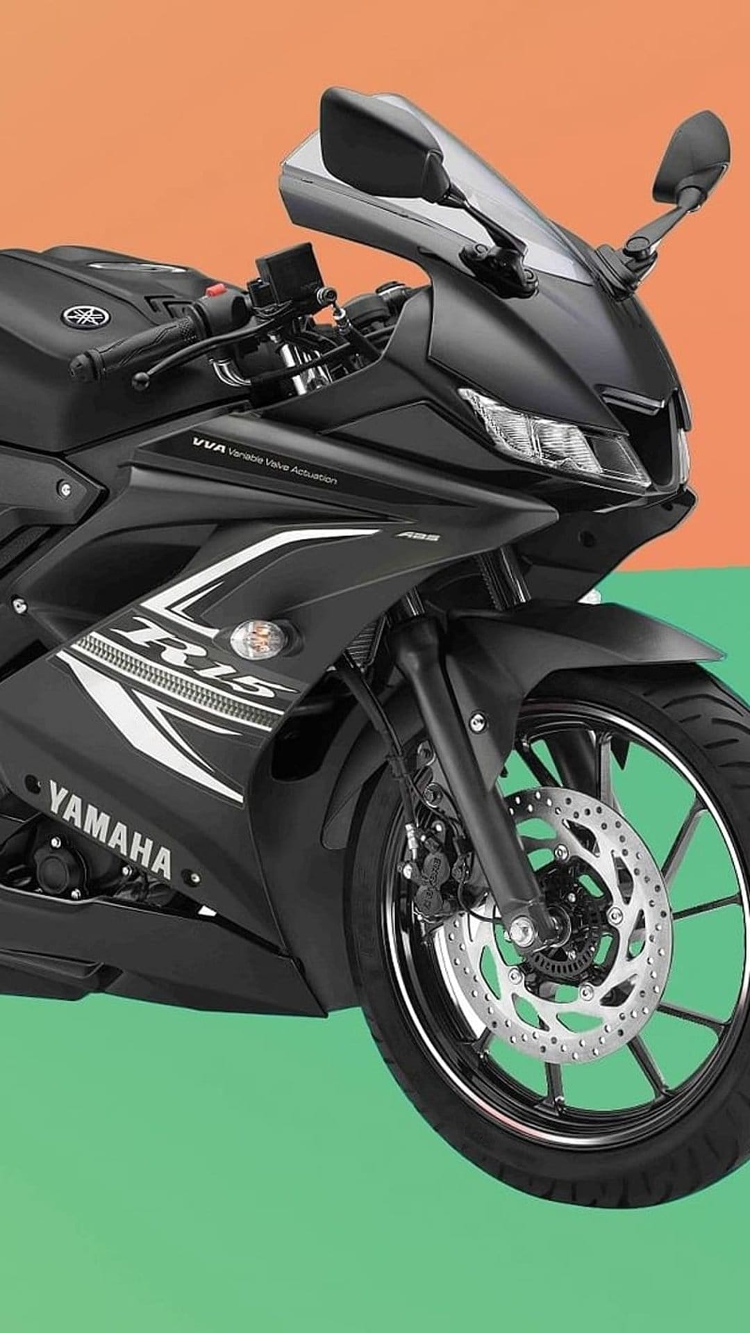 Yamaha R15 sportbike in matte black features sharp LED headlights and front disc brakes on a colorful background.