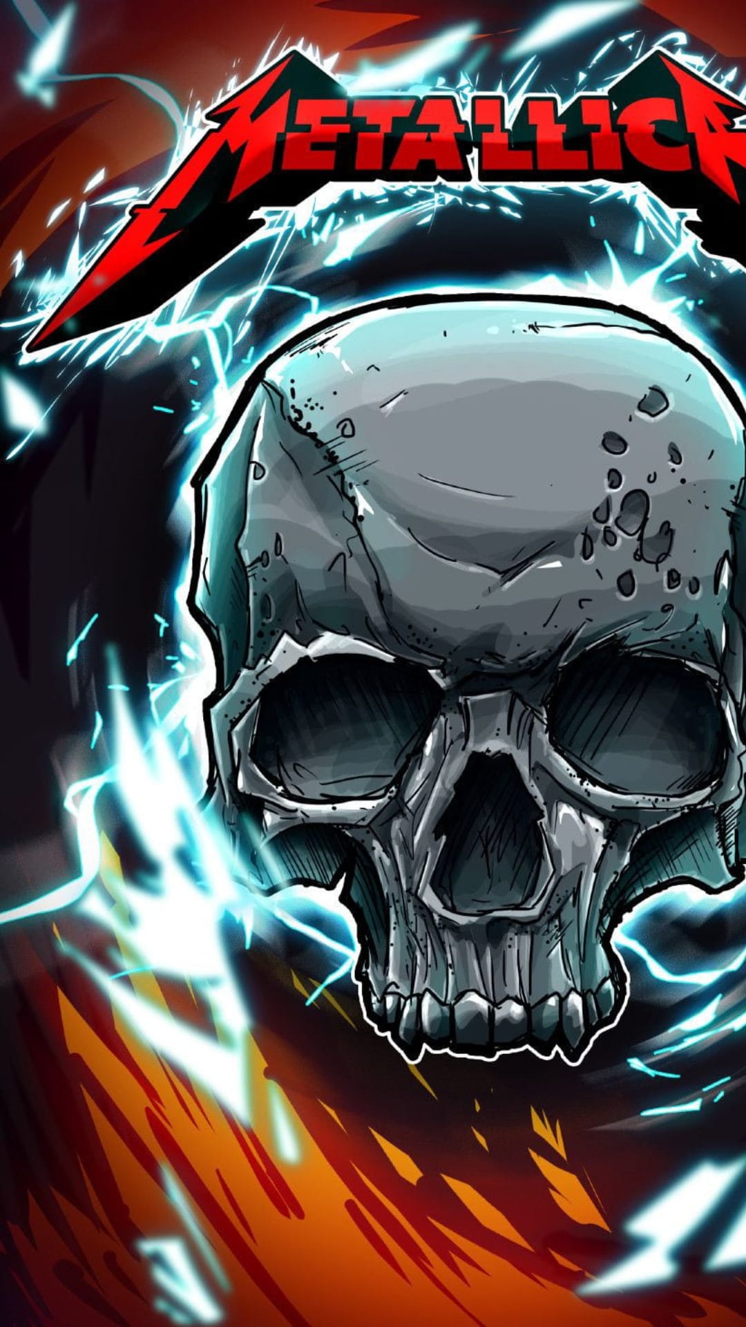 Menacing skull with glowing eye sockets sits between blue lightning bolts and orange flames under a red band logo.