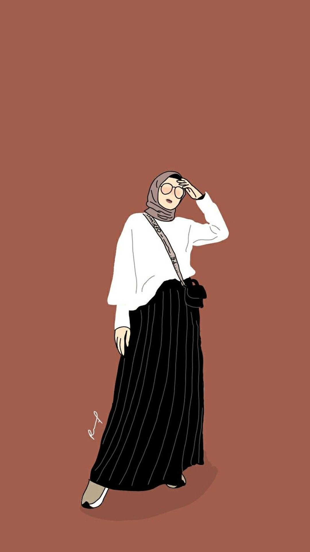 Woman in a hijab, white top, and black pleated skirt shields her eyes against a solid warm brown background.