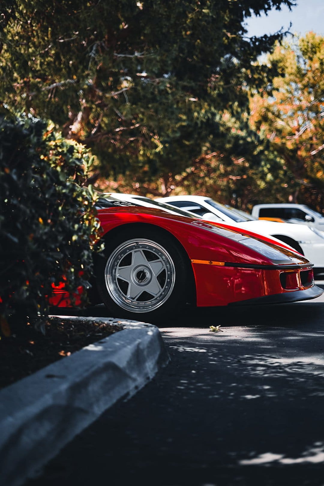 Red Ferrari F40 supercar parked by dense green foliage with sunlight reflecting off its aerodynamic bodywork.