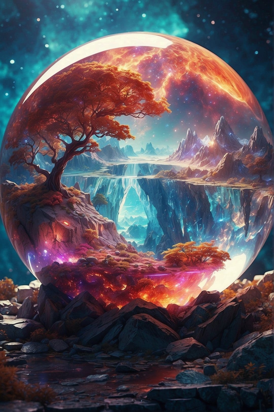 Luminous crystal orb containing orange alien trees and a purple nebula amidst jagged mountains and an icy chasm.