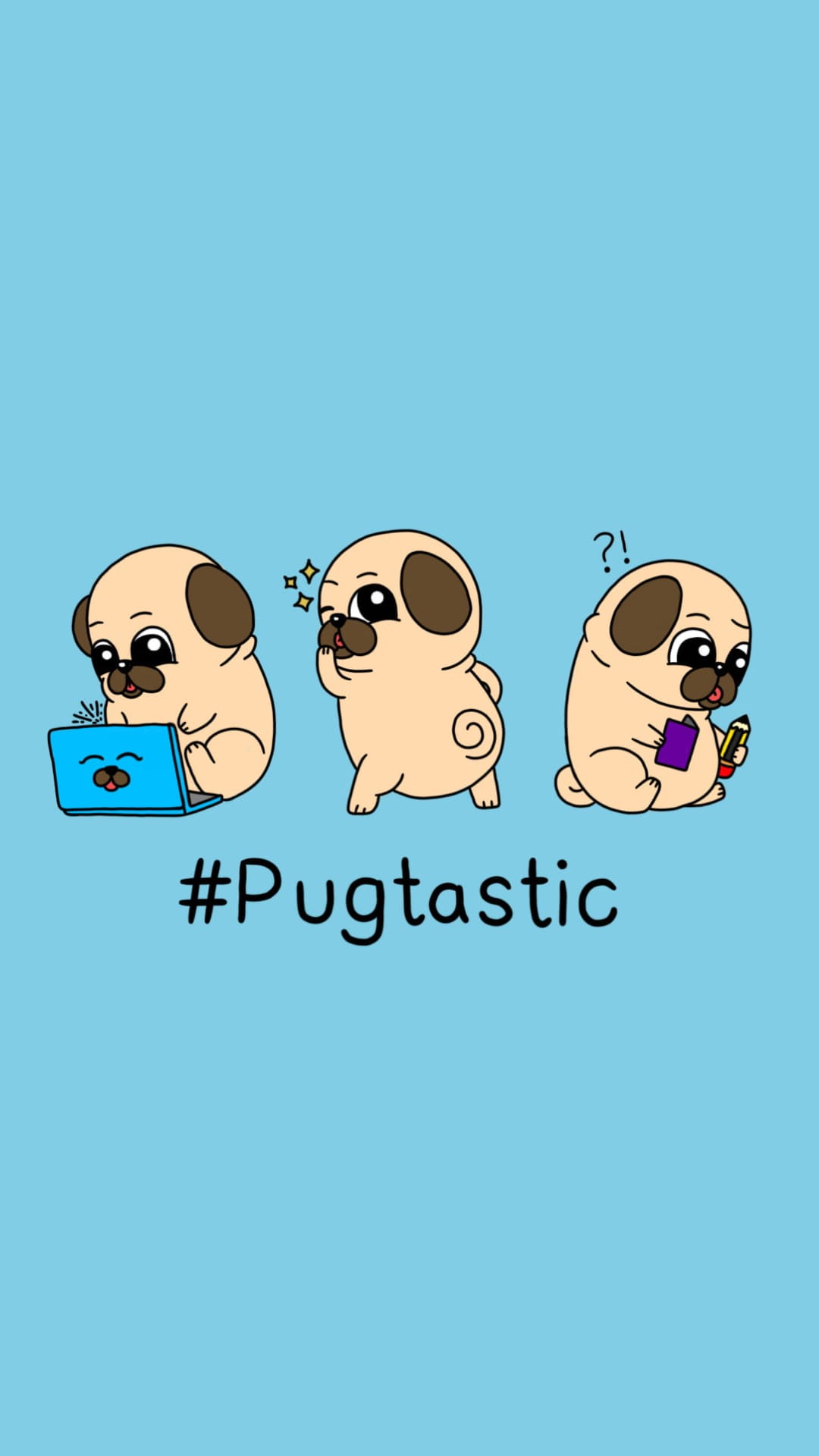 Three cartoon pugs working on a laptop and holding a pencil against a flat light blue vertical backdrop.