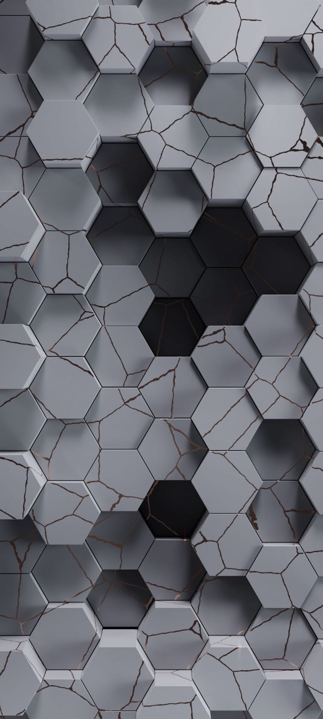 Grey 3D hexagons with intricate gold veins glowing through surface fractures in a vertical tiled pattern.