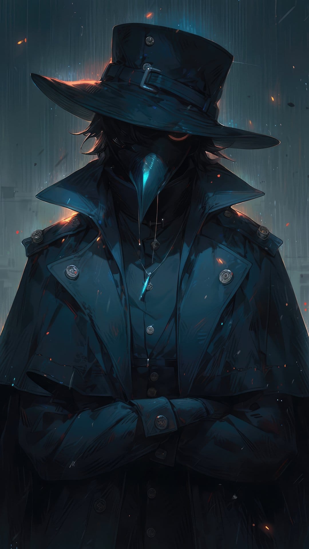 Plague doctor in a beak mask and wide-brimmed hat stands with crossed arms amidst orange sparks and dark mist.
