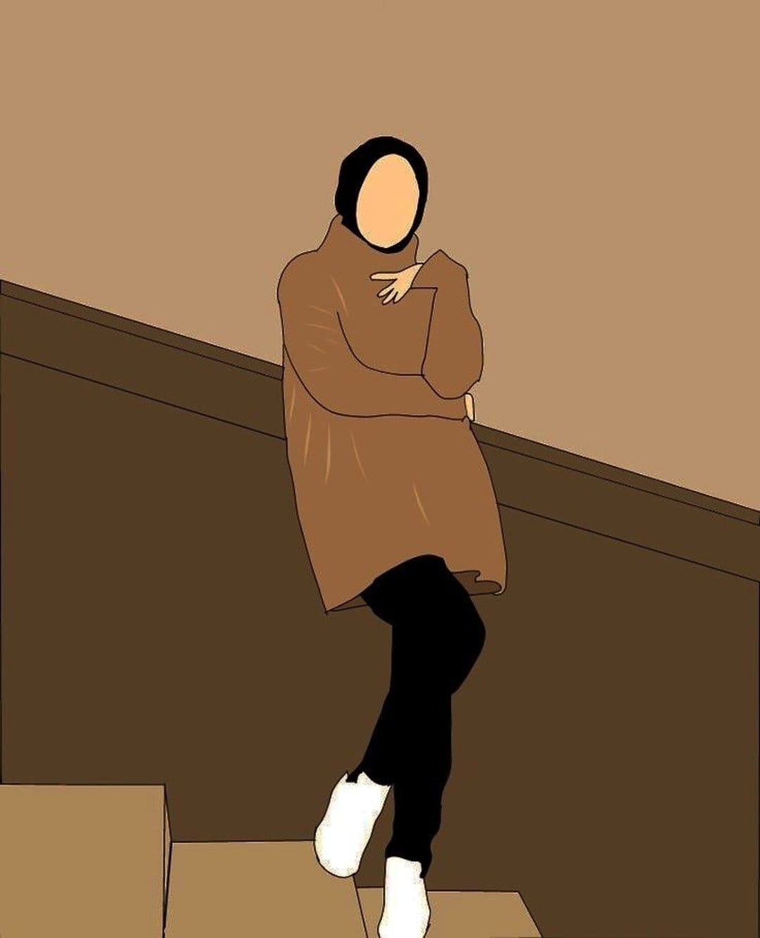 Woman in a hijab and oversized brown sweater leans against dark stairs over a solid, warm earth-toned backdrop.