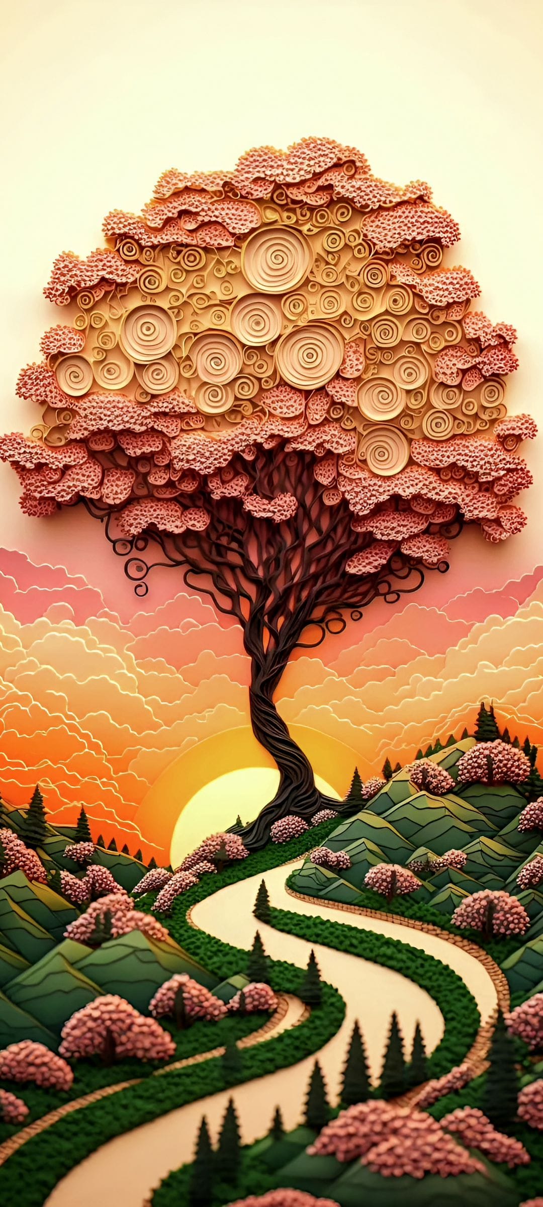 Quilled tree with pink blossoms overlooks green hills and a winding path under a warm orange sunset sky.