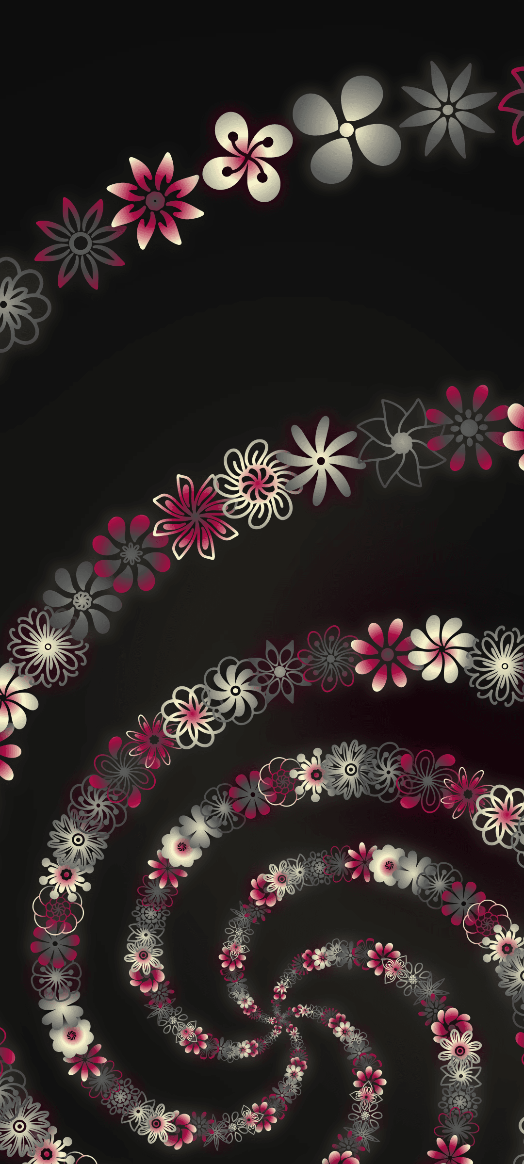 Pink and white stylized flowers curve into a deep spiral pattern against a solid dark black background.