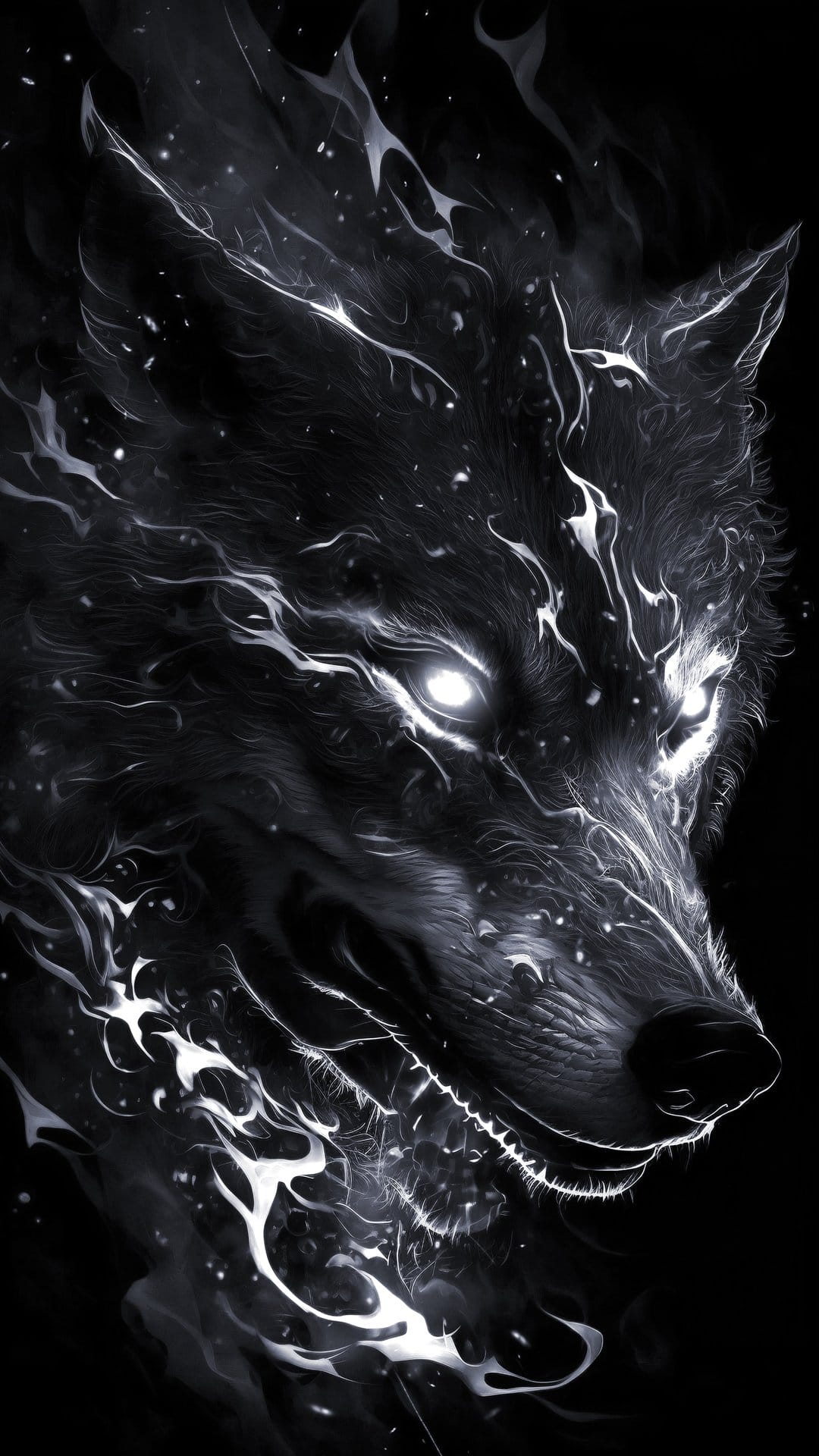 Black wolf head with glowing white eyes and ethereal smoke tendrils against a dark starry night background.