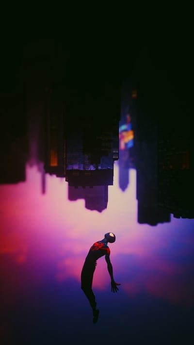 Spider-Man, Miles Morales, Marvel, Spider-Verse, Superhero, Animated, Digital Art, Inverted City, Sunset, Comic Book, Gaming, Abstract, Swings, Gravity, Dimensions, Animation, Sci-Fi, Hero, Urban, Pop Culture