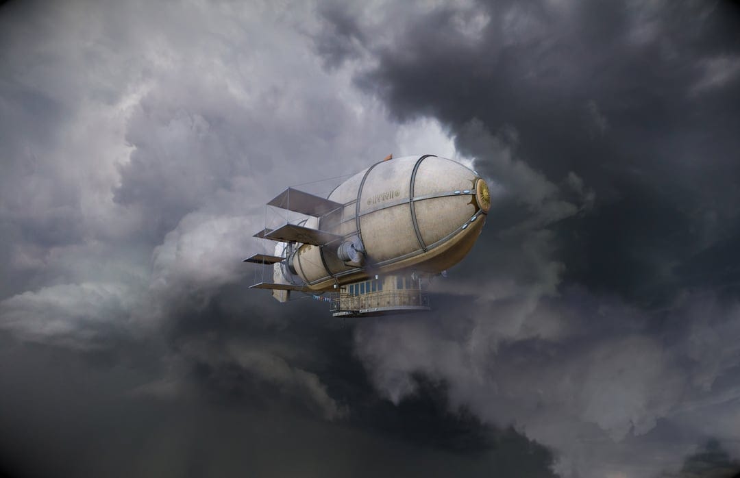 Brass steampunk airship with rotating propellers flying through heavy dark gray storm clouds and lightning.