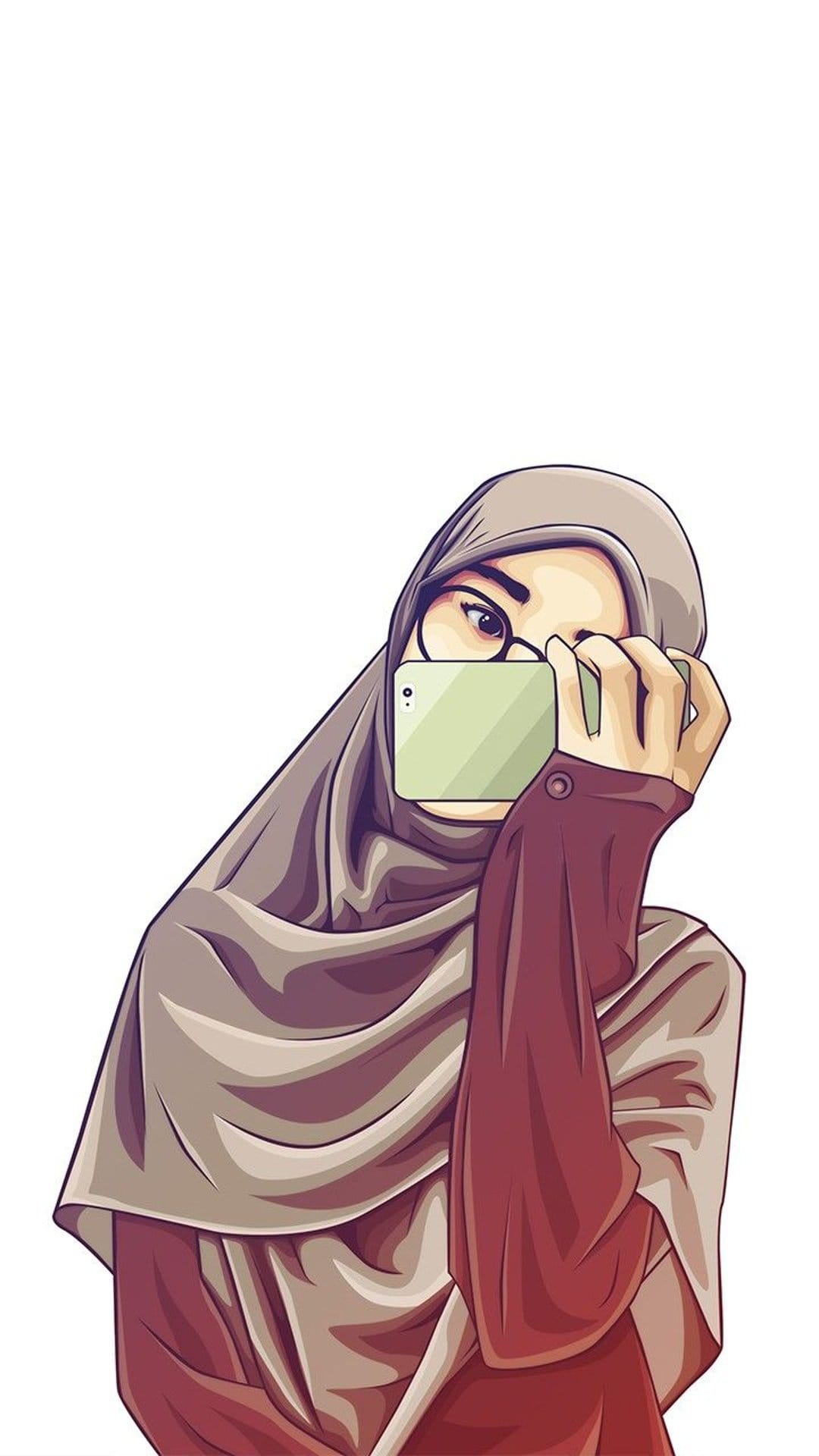 Young woman in a hijab and glasses holding a light green smartphone to take a selfie against a white background.
