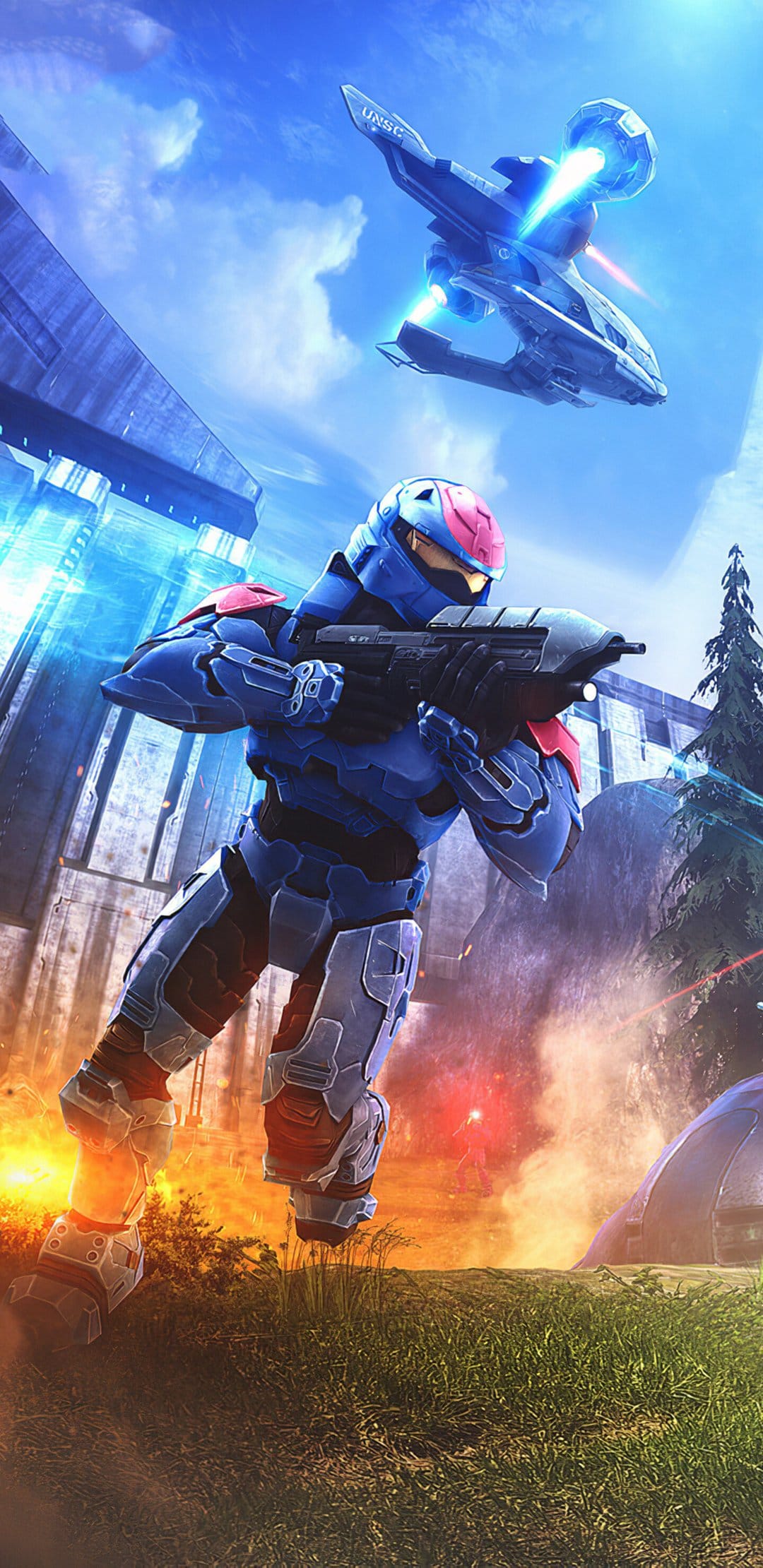 A blue armored Spartan soldier holding a rifle as a UNSC Hornet aircraft flies over a massive concrete dam.