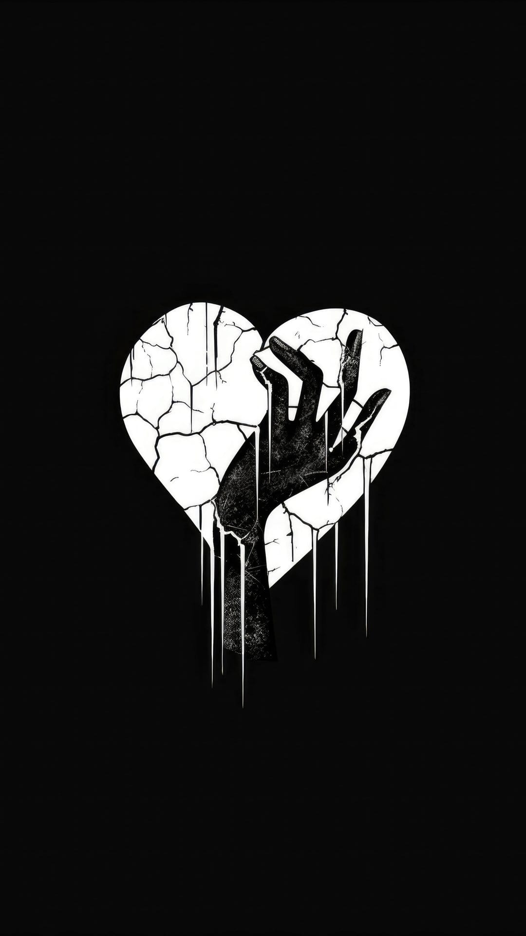 Skeletal hand reaches through a cracked, dripping heart against a dark background in monochrome art style.