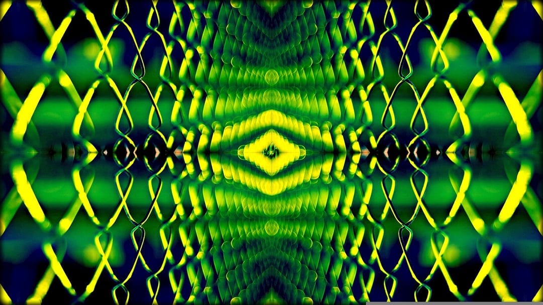 Interlocking lime green and yellow diamond shapes form a symmetrical geometric pattern with a sense of depth.