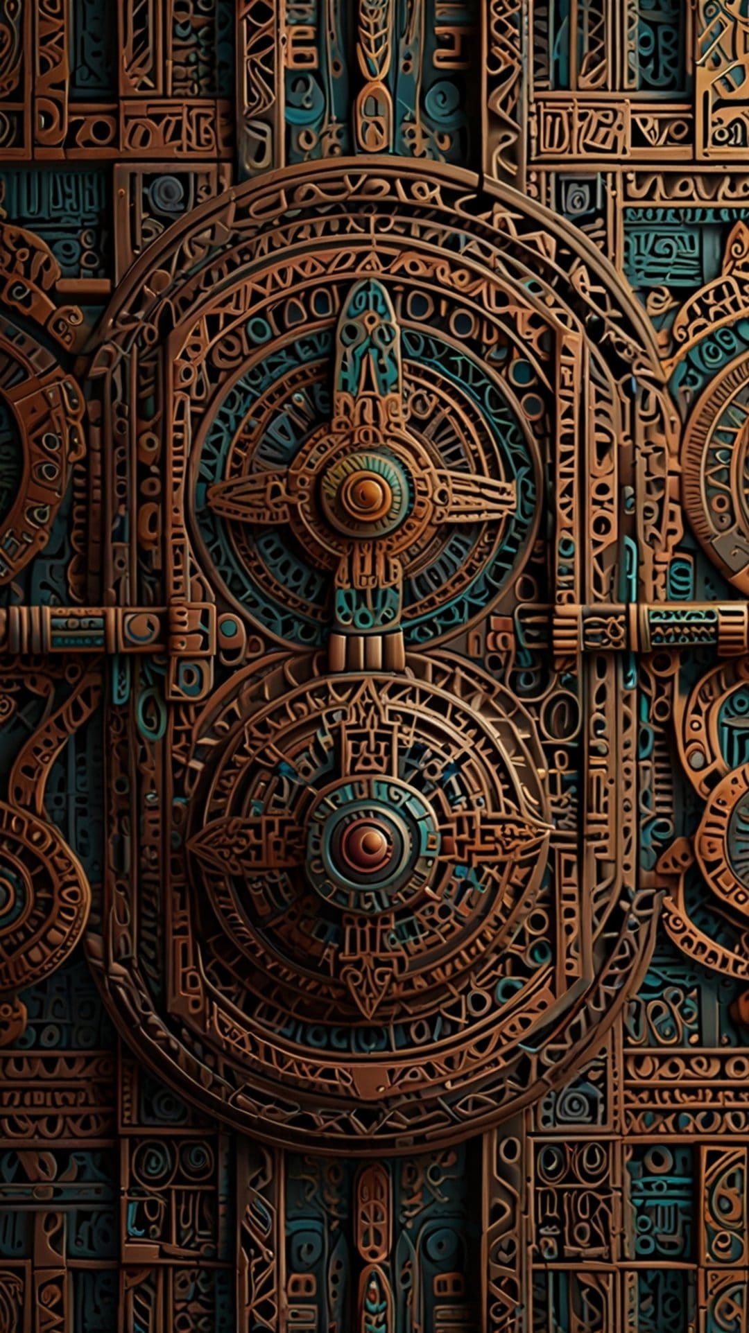 Ornate steampunk door featuring bronze interlocking gears and ancient glowing teal symbols on weathered metal.