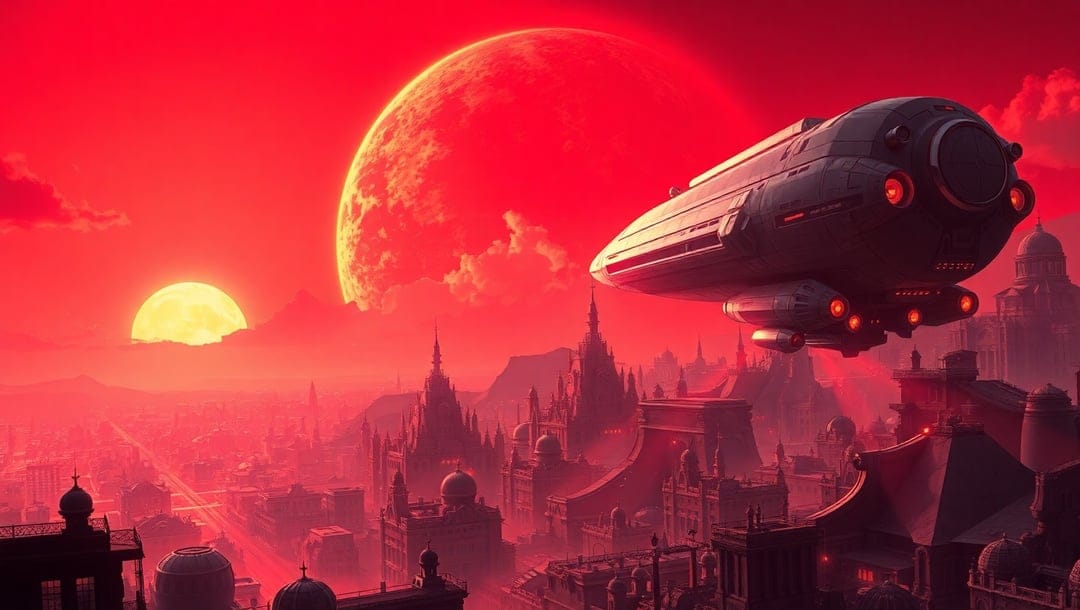 Dark spaceship hovers above a crimson alien city featuring tall spires beneath a colossal glowing red planet.