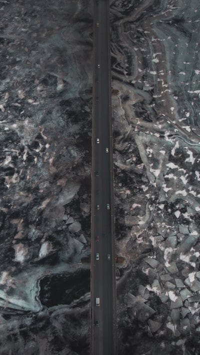 Bridge, aerial view, ice, frozen, winter, cold, water, landscape, abstract, fractured, patterns, transportation, nature, overhead, desolate, monochromatic, road, vehicles, minimalist, texture