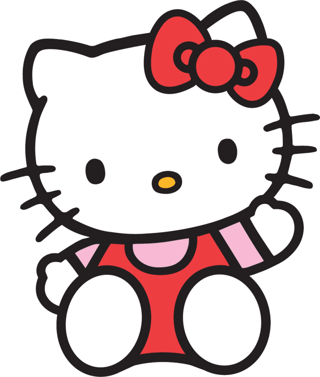 Hello Kitty character wearing a pink dress and red hair bow presented in a centered frontal perspective.