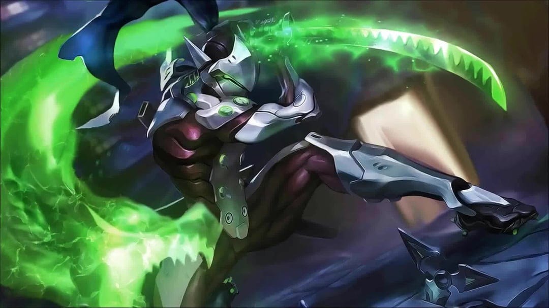 Cyborg ninja in silver armor swinging a katana with glowing green energy trails in a dark cinematic scene.