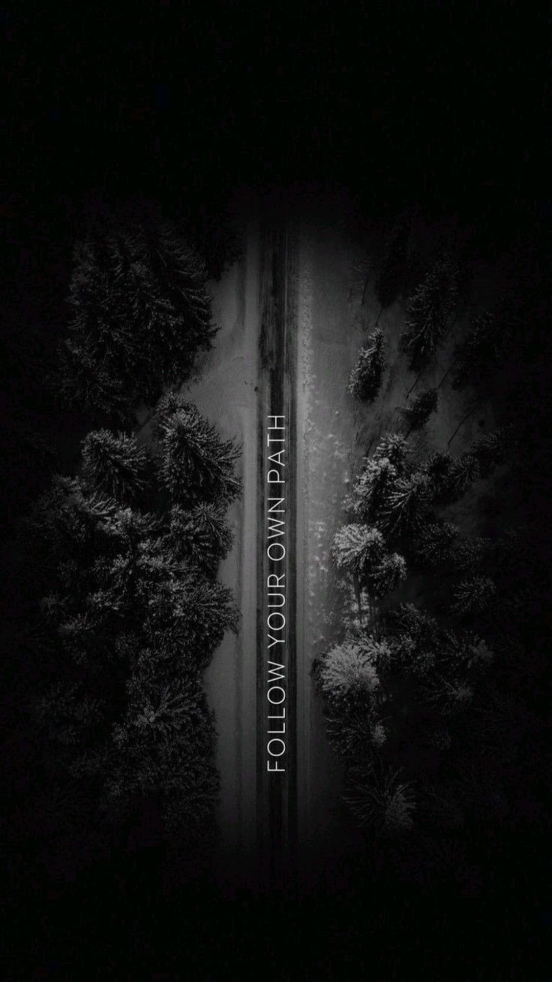 Snow-covered road through a dark evergreen forest from above with the vertical text Follow Your Own Path.