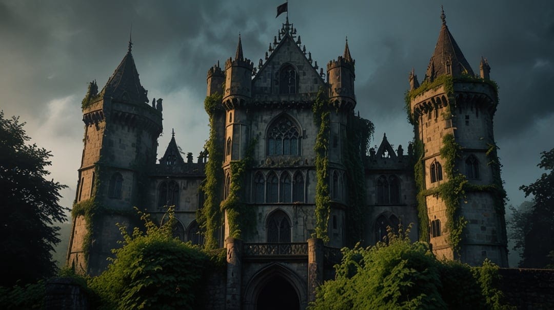 Crumbling stone gothic castle spires entwined with green vines and moss under a dramatic, overcast sky.