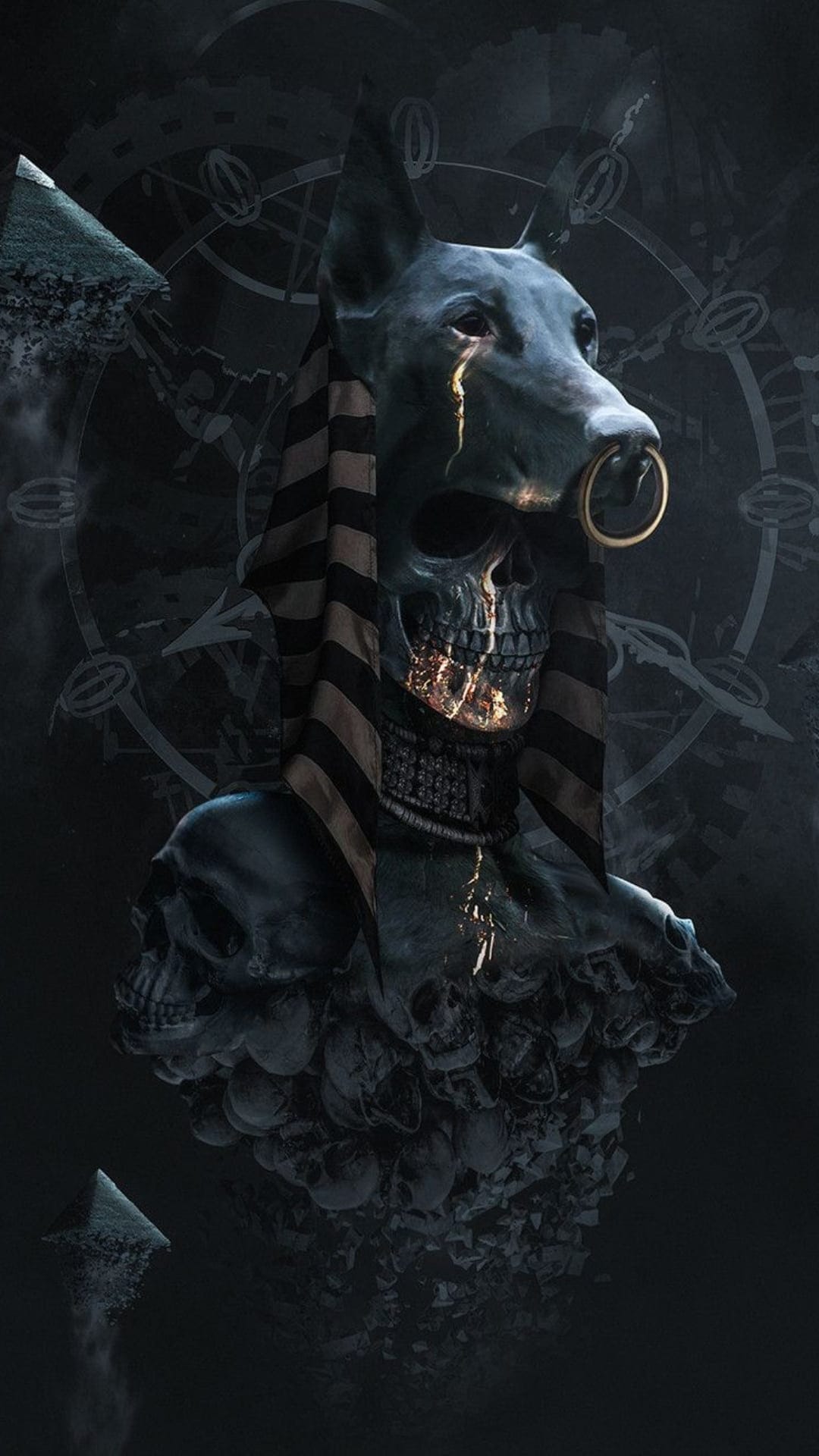 Skeletal jackal head with a gold tear rises from a skull pile against a backdrop of ancient clockwork gears.