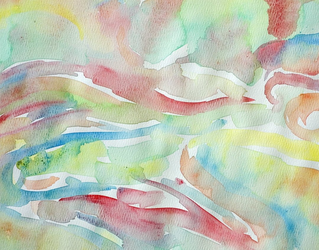 Flowing bands of red, blue, and green paint overlap with visible brushstroke textures and organic shapes.