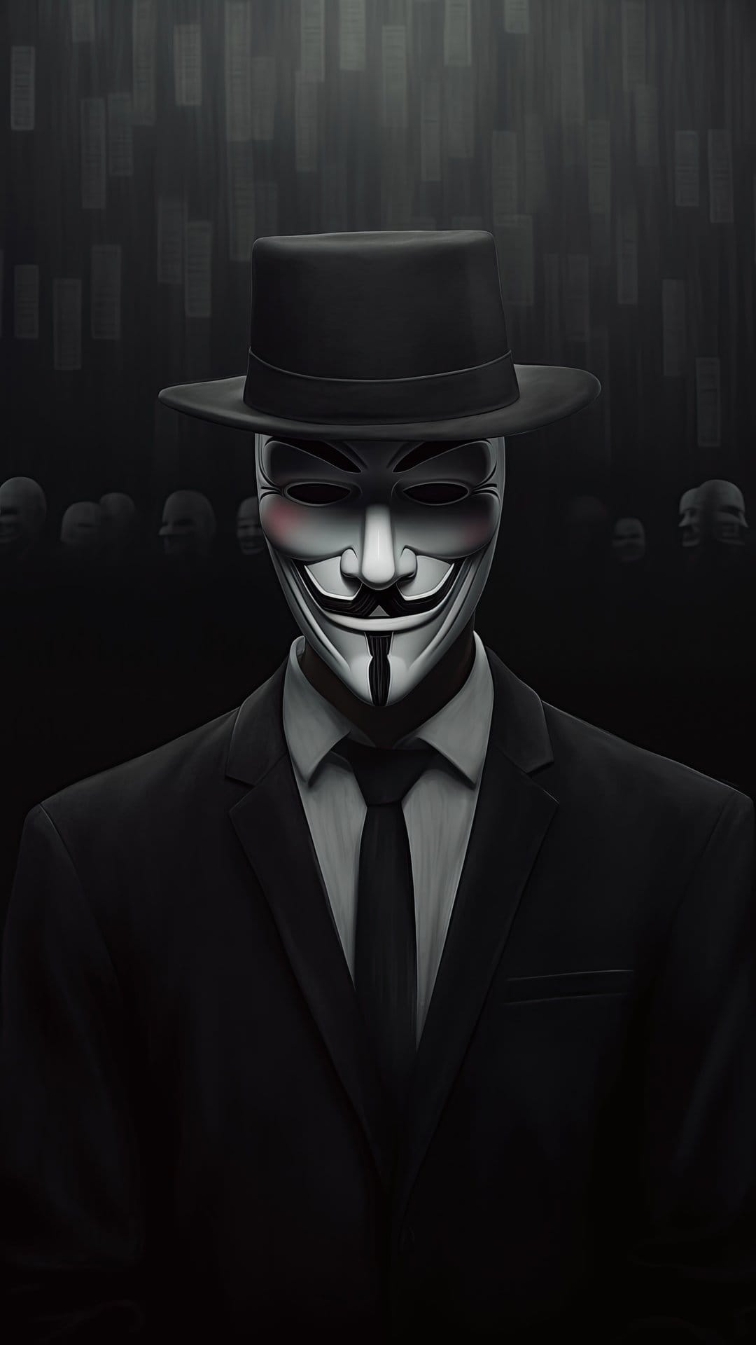 Masked figure in a black suit and fedora hat standing against a dark, shadowy background with vertical lights.
