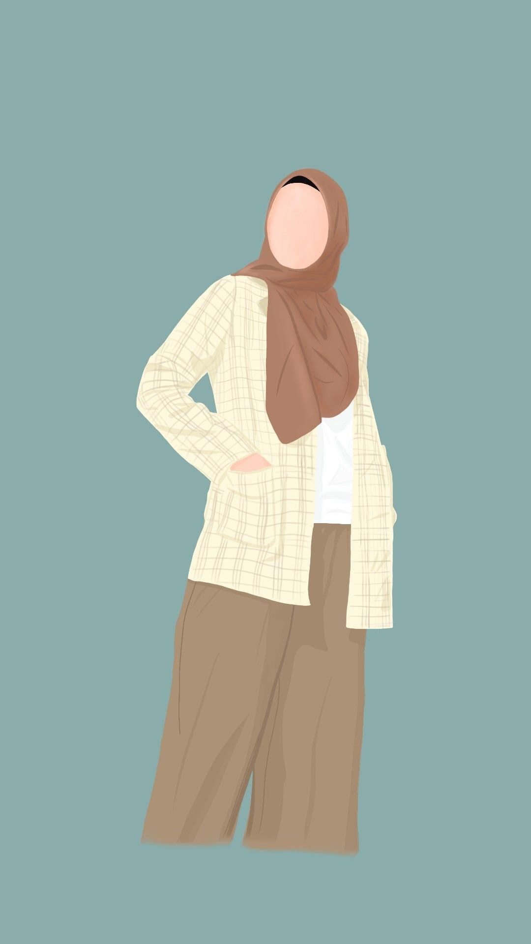 Woman in a brown hijab and beige plaid shirt poses with one hand in her pocket against a solid teal background.