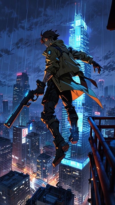 Cybernetic soldier with a glowing blue rifle stands on a rainy skyscraper ledge overlooking a neon city.