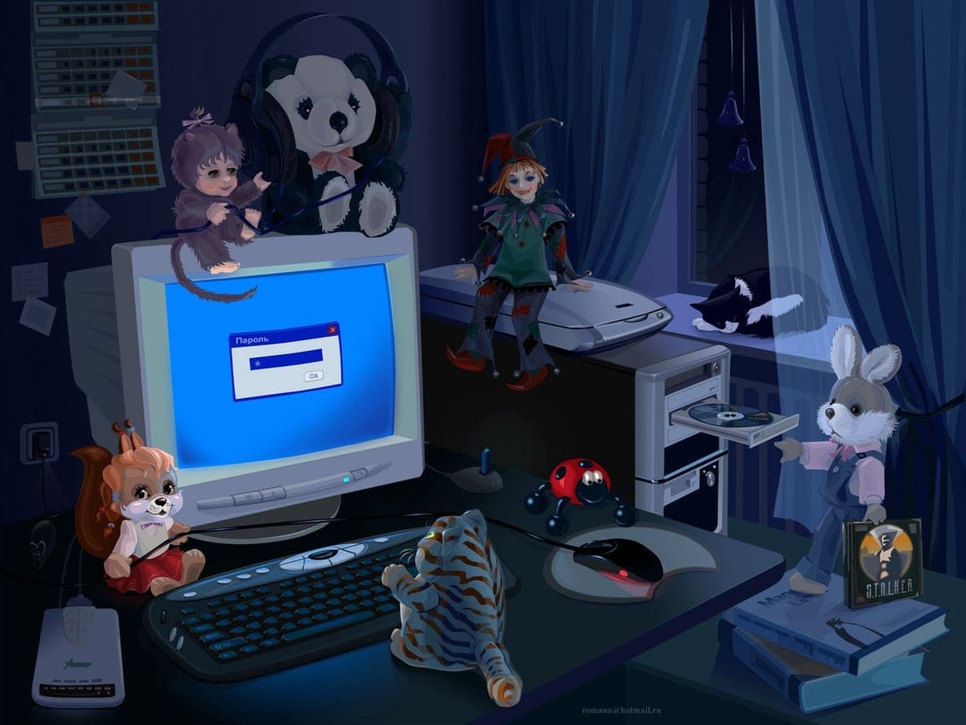 A panda plush, squirrel toy, and jester doll sit on a desk illuminated by the blue light of a computer monitor.