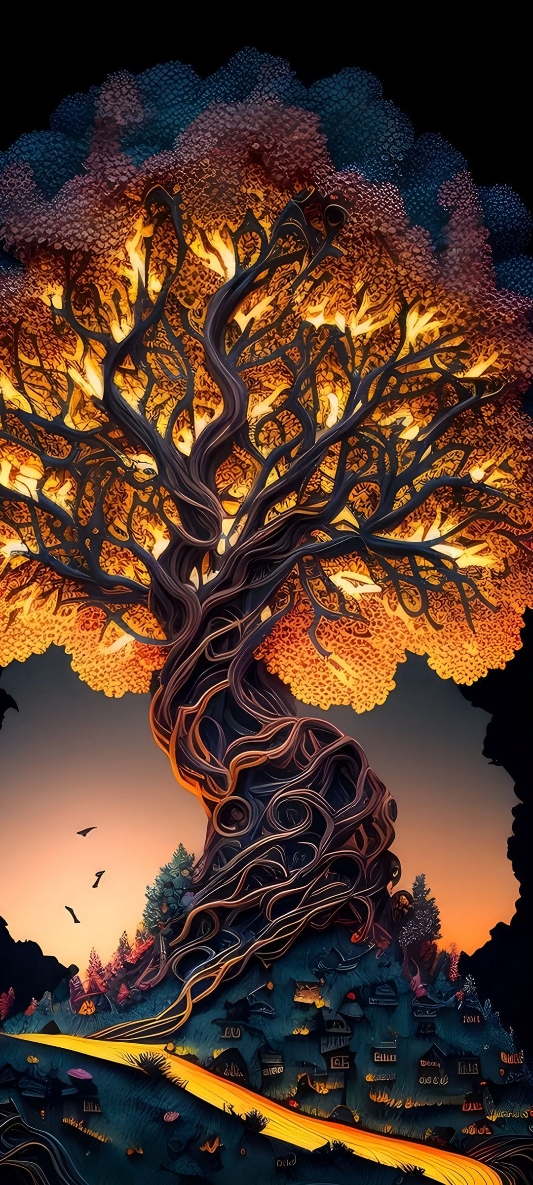 Ancient tree with bioluminescent gold branches towers above a mountain village with a glowing path at night.