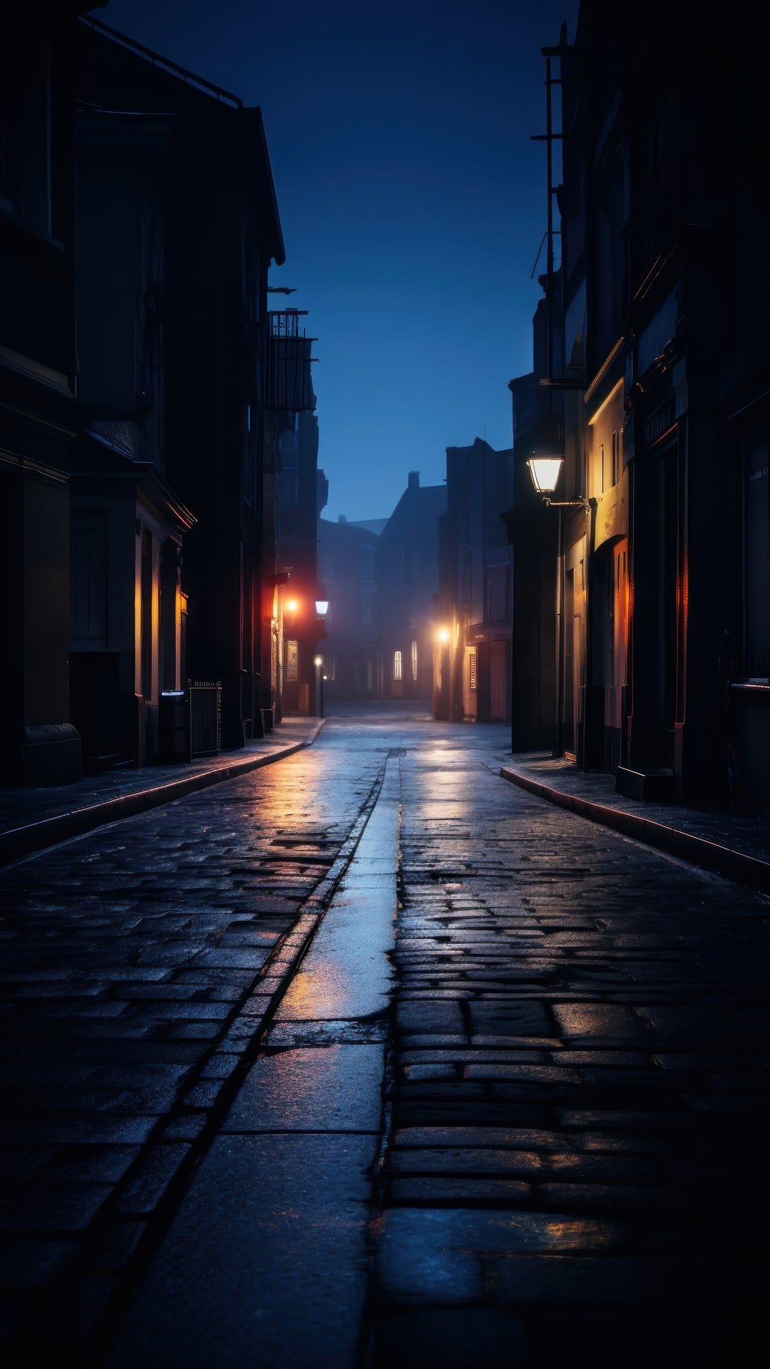 Glistening cobblestone street at night flanked by historic buildings and glowing amber gas lamps under a dark sky.