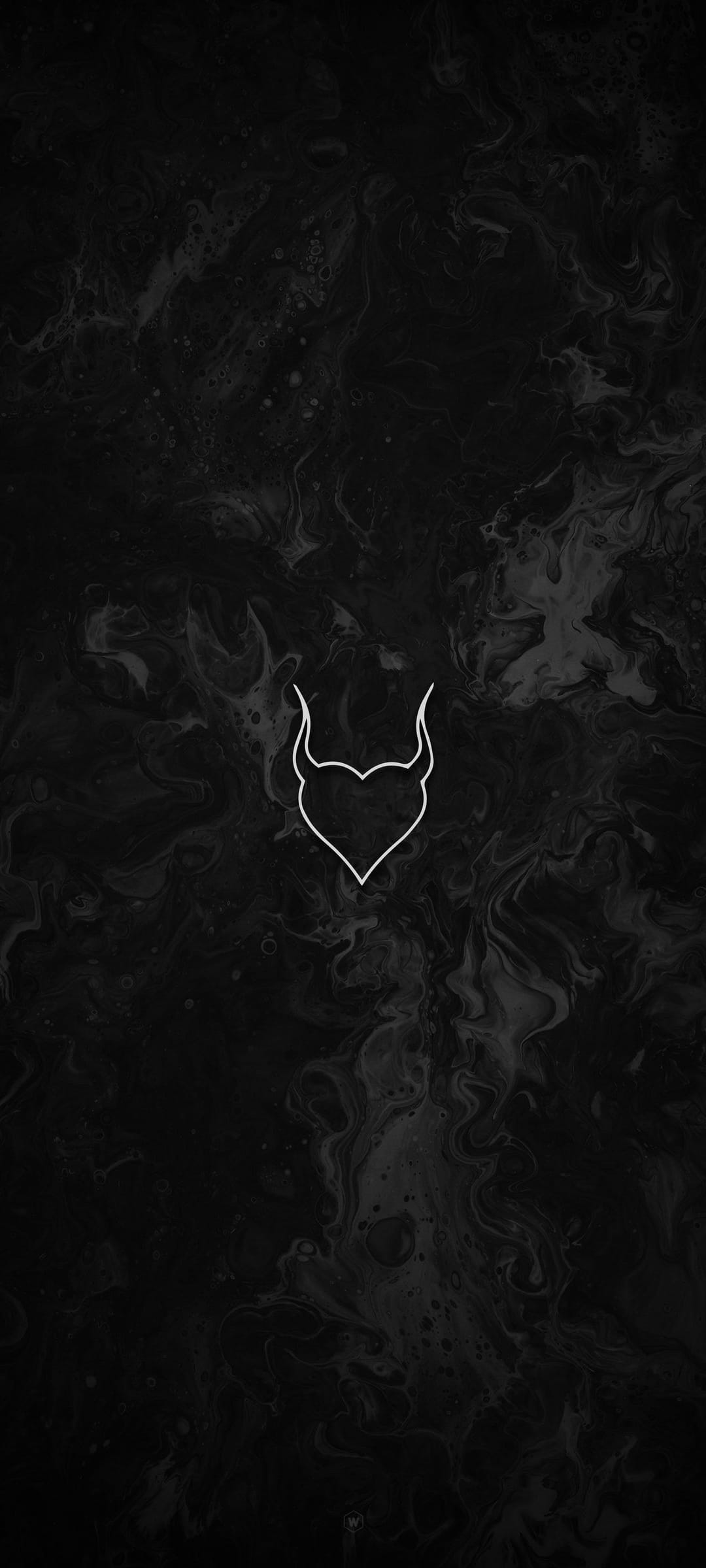 White outline of a heart with devil horns centered on a dark textured black marble background with gray swirls.