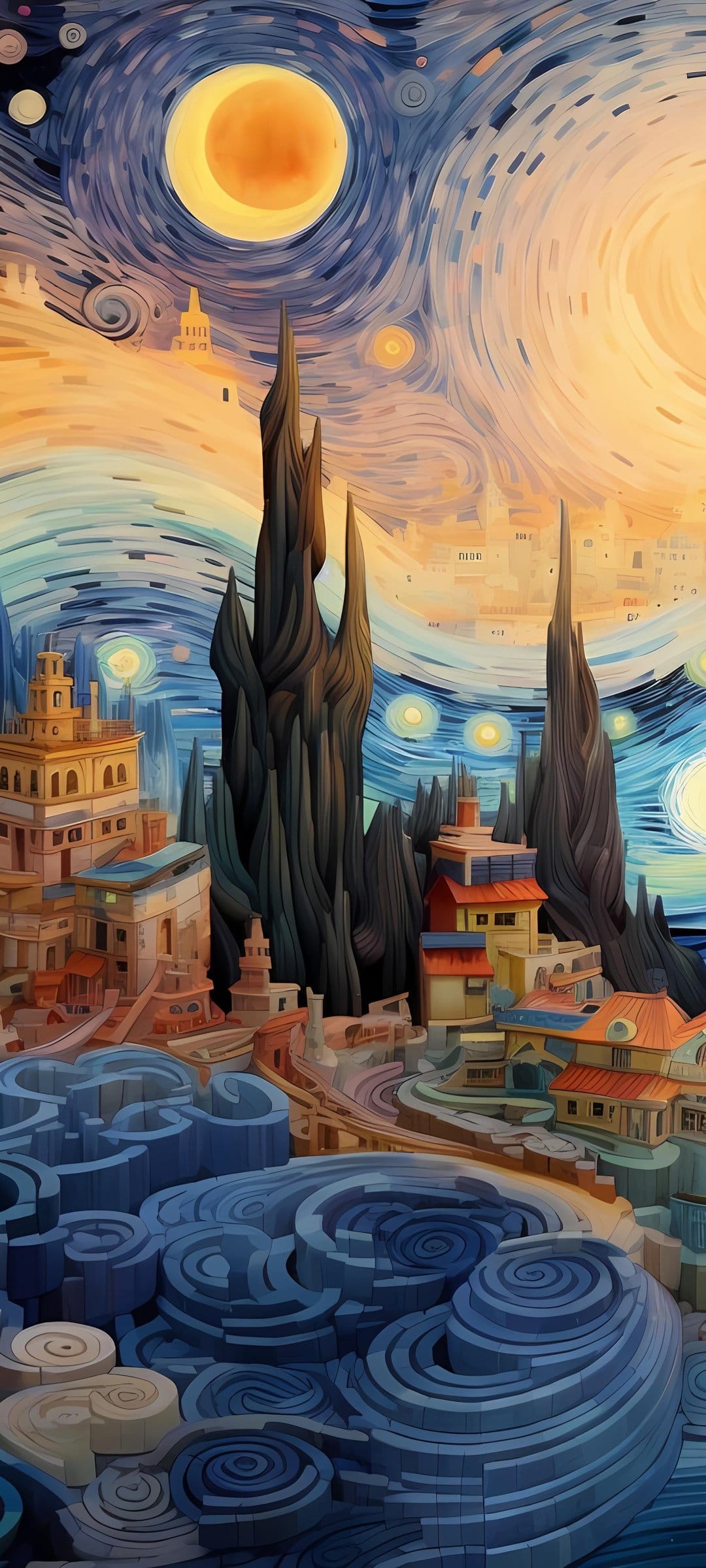 Swirling stars and a golden crescent moon illuminate a textured cityscape with undulating hills and blue water.