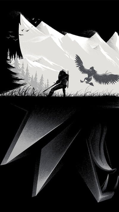 the witcher,video game,wolf,animal,black background,studio shot,animal wing,black,white,illustration