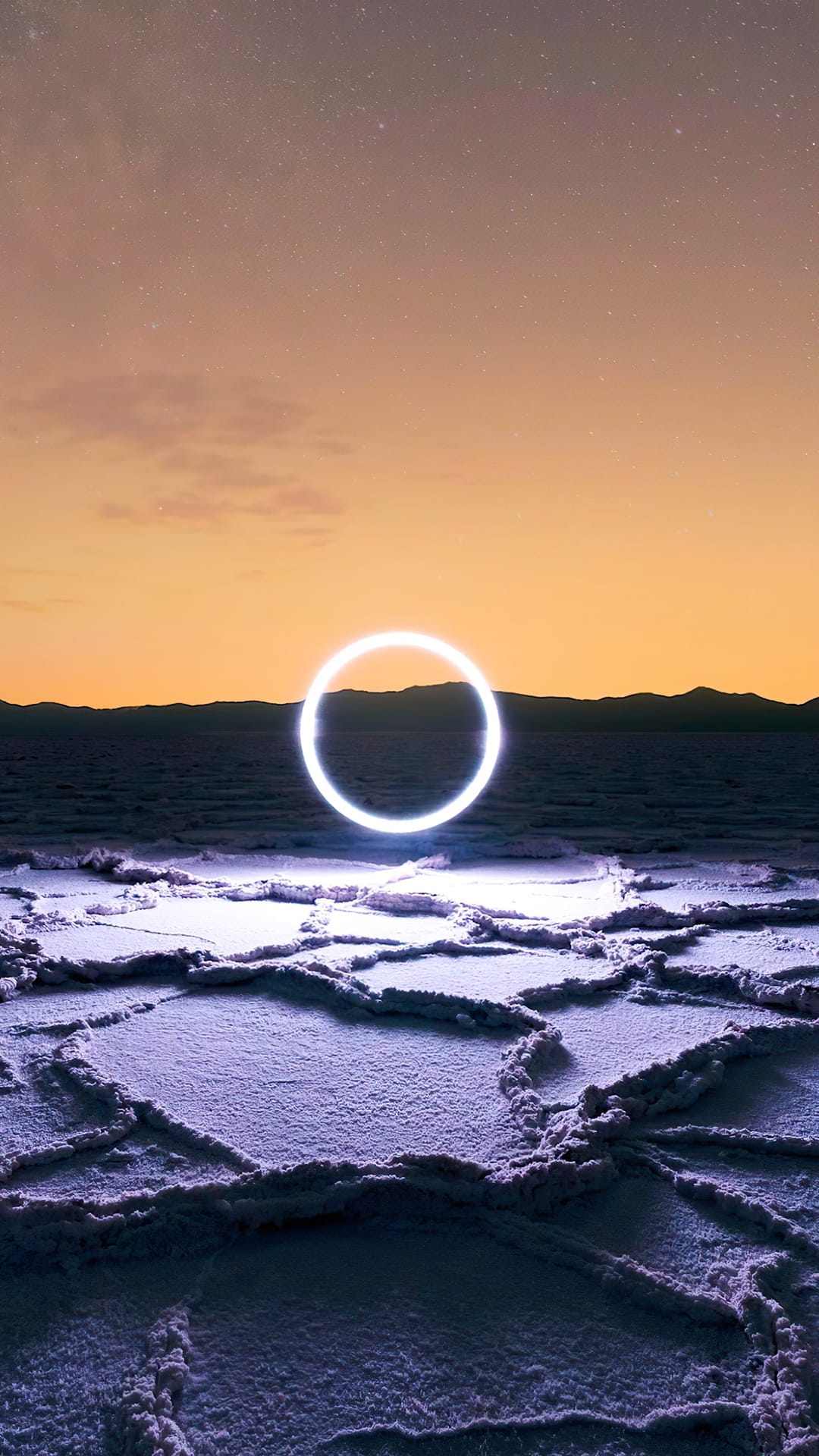 Glowing white ring hovers over a cracked salt flat landscape with distant mountains under a twilight horizon.