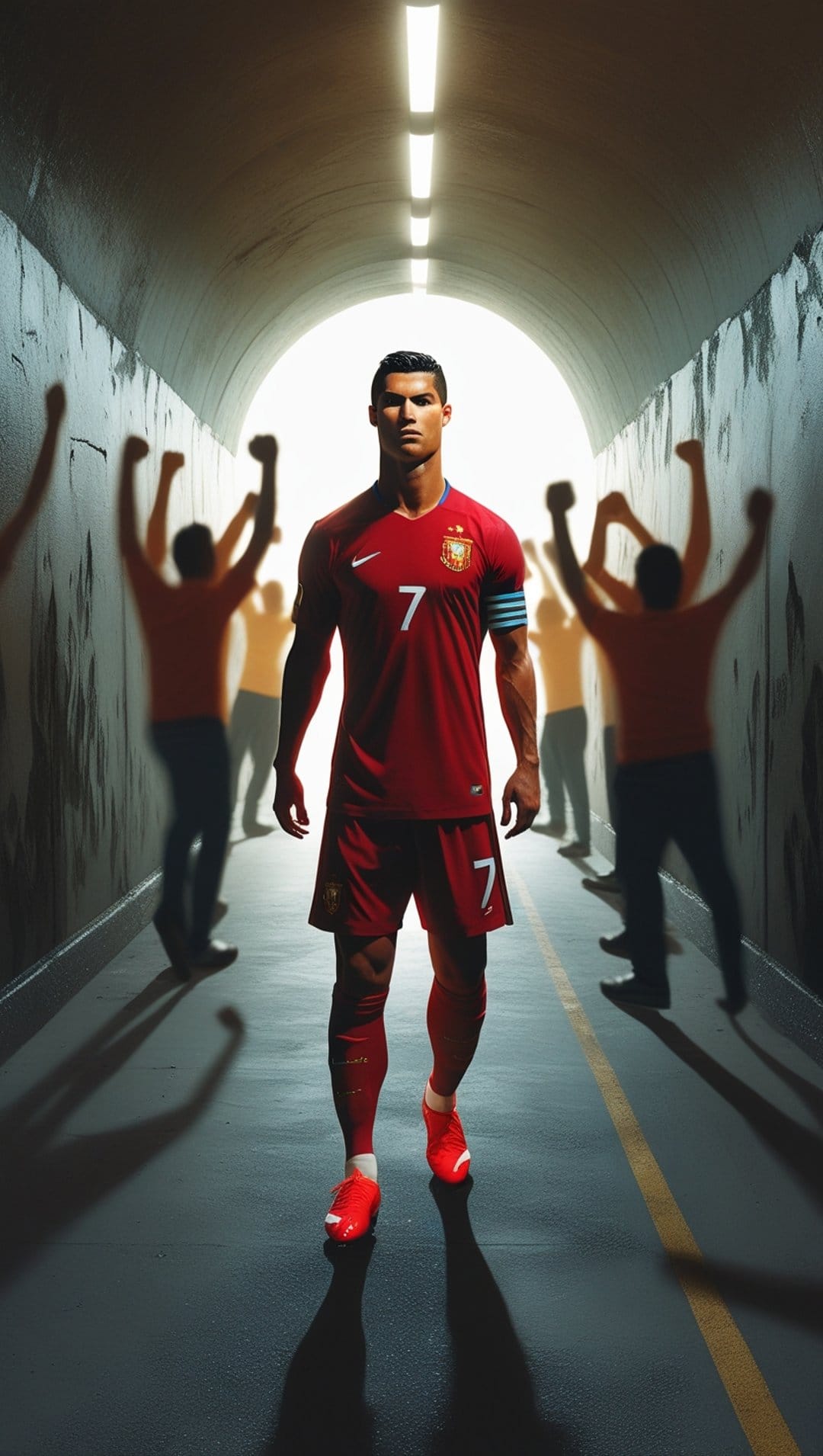 Cristiano Ronaldo in a red number seven jersey walks through a dark tunnel toward cheering fans in a stadium.