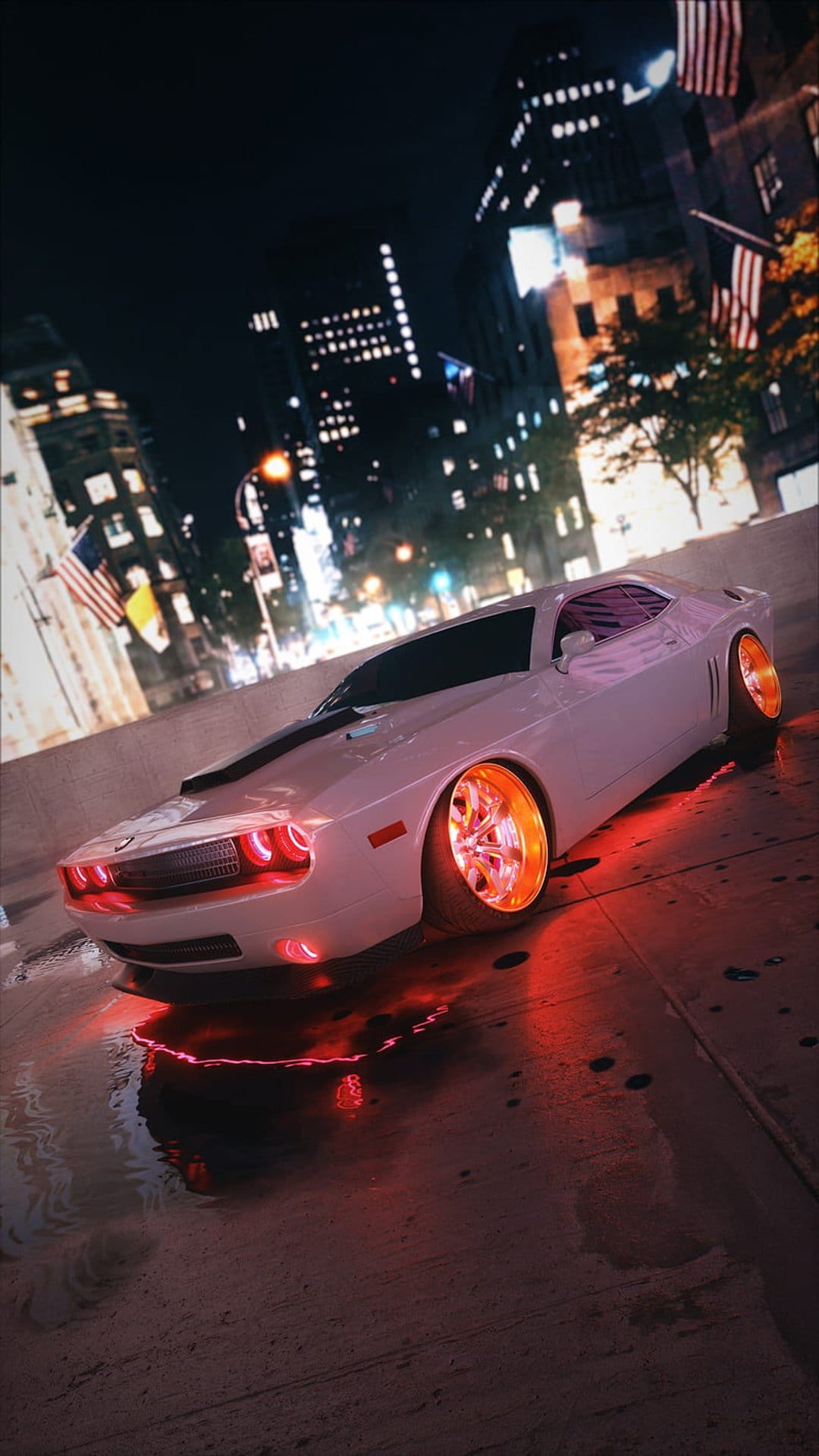 White muscle car with red underglow and orange rims parked on rainy city streets at night with bokeh lights.