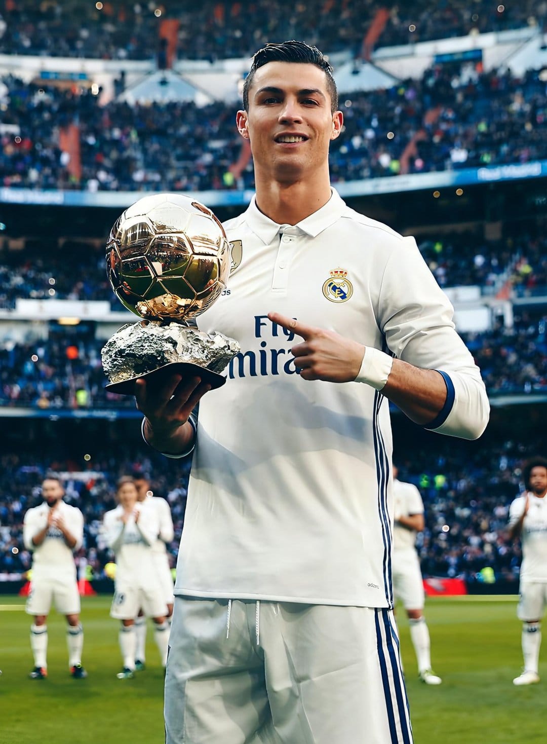 Cristiano Ronaldo holds a golden Ballon d'Or trophy above his head while standing in a crowded football stadium.