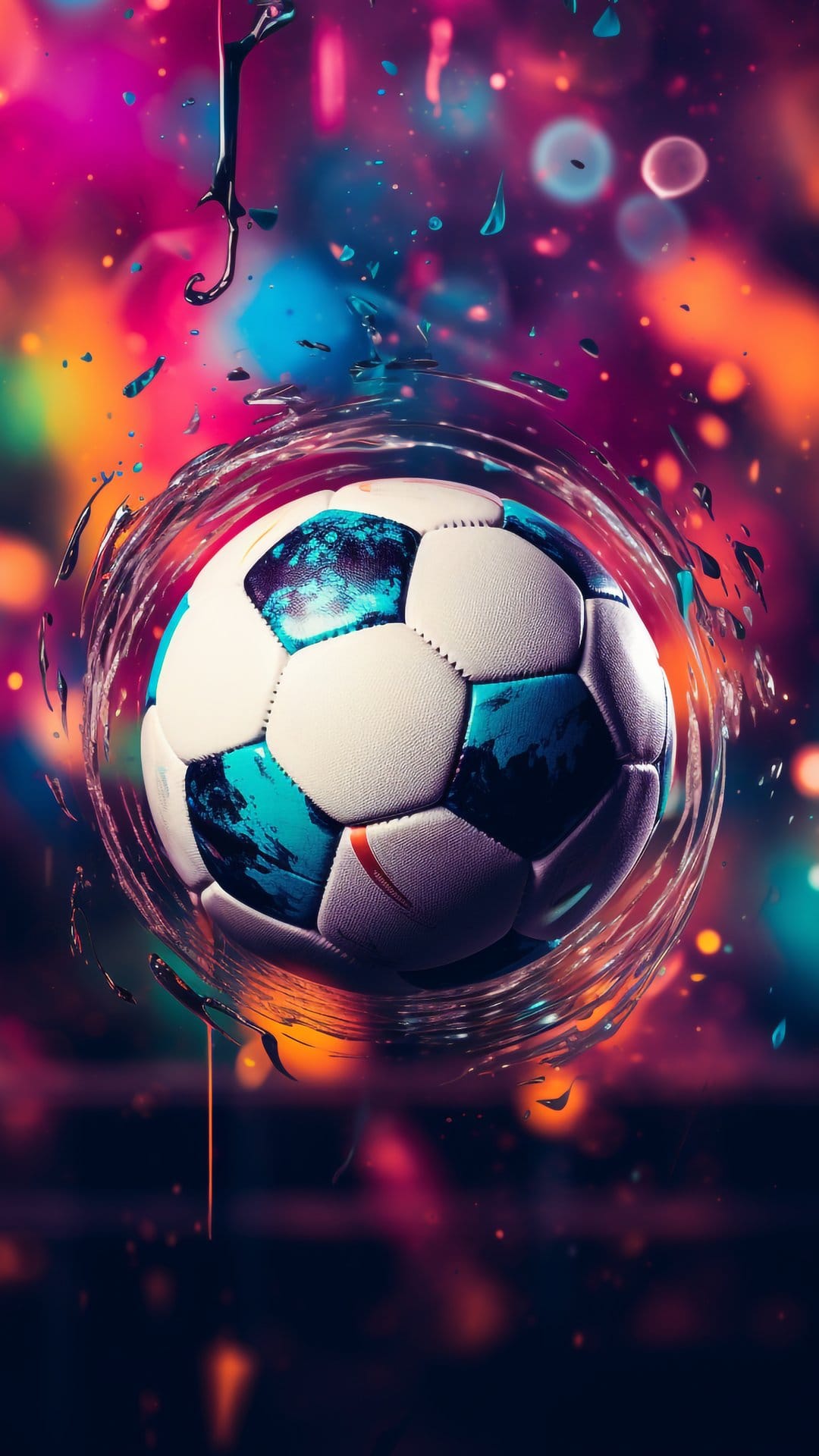 Soccer ball with blue panels creates a liquid splash against a backdrop of glowing pink and orange bokeh lights.