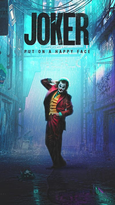 Joker movie poster, Arthur Fleck, Joaquin Phoenix, DC Comics, superhero movie, villain art, Gotham City, rainy alley, neon lights, urban decay, psychedelic art, dark fantasy, movie poster art, cinematic, psychological thriller, iconic character, film art, moody atmosphere, graphic design, digital art, movie memorabilia