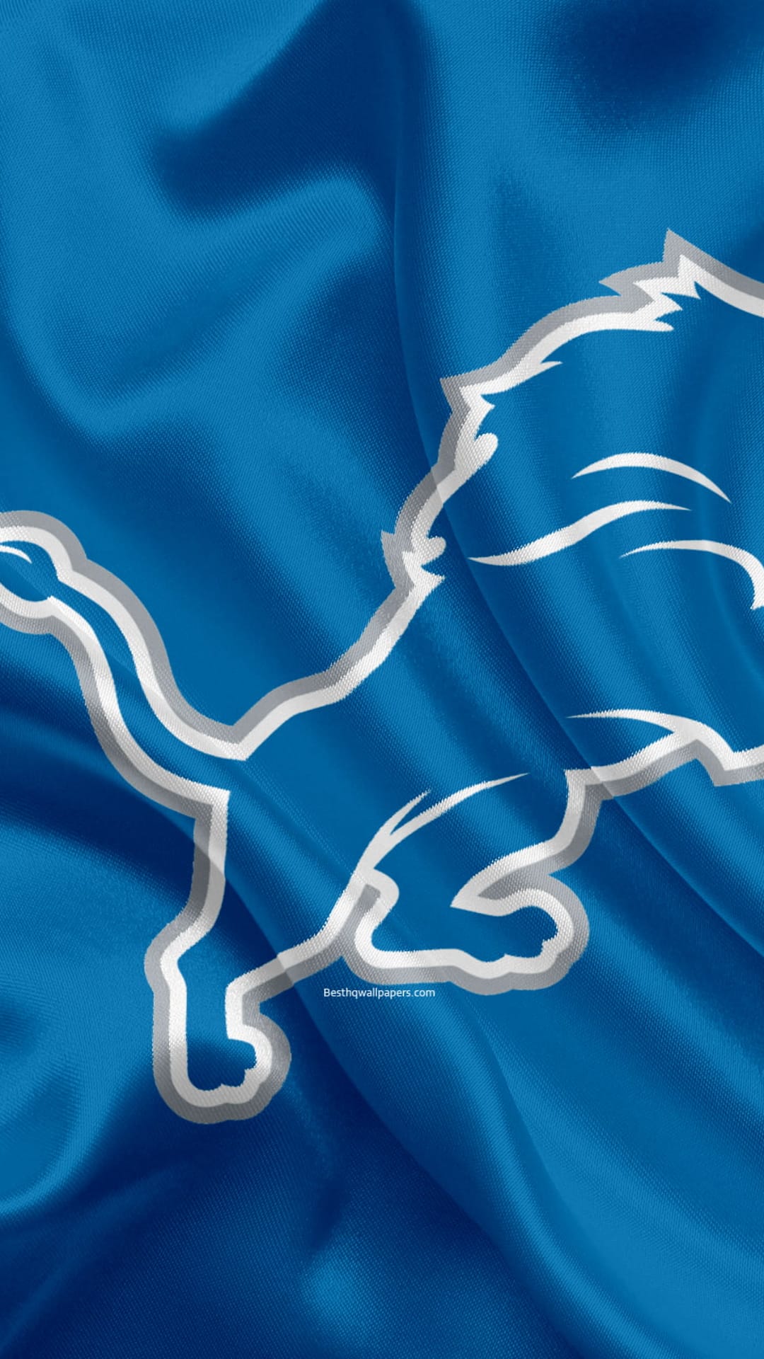 Detroit Lions leaping lion logo on a rippling blue fabric flag with visible weave texture and silver outlines.