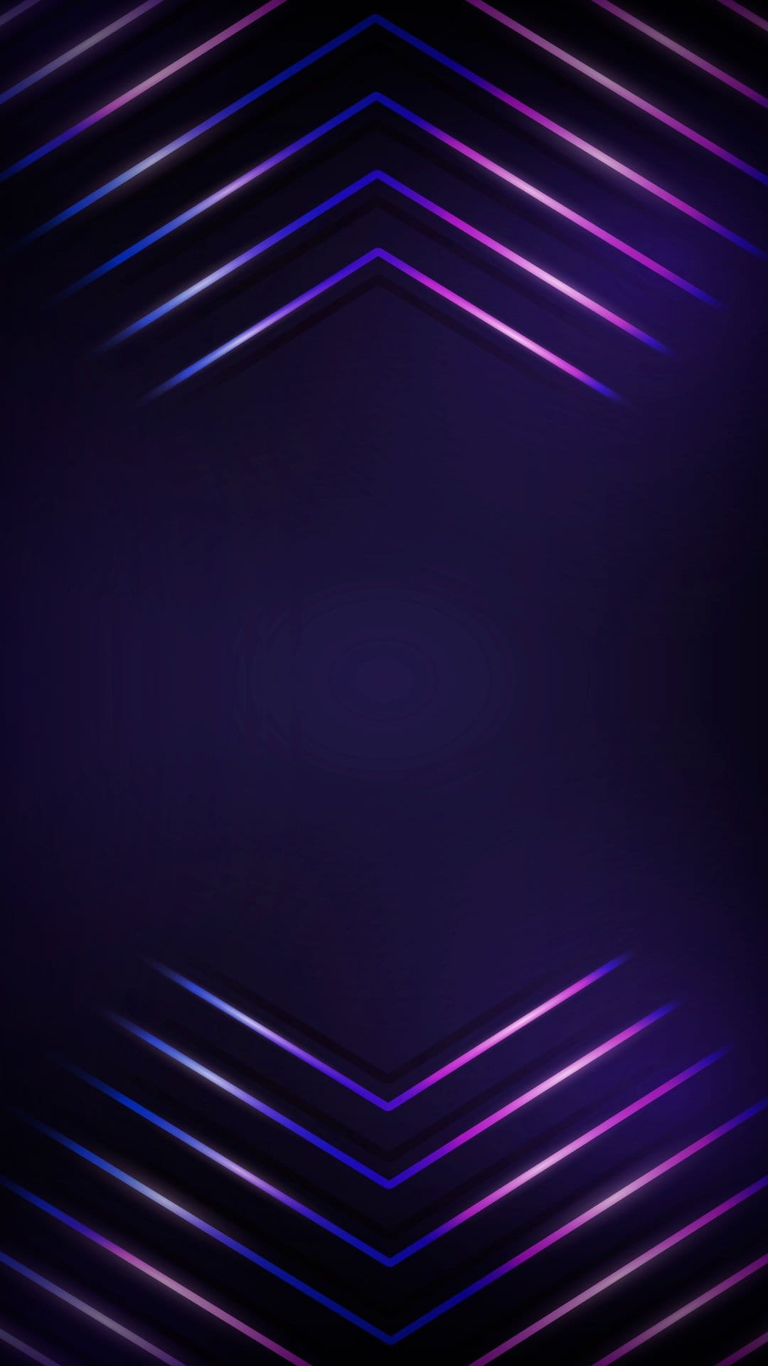 Luminous blue and purple neon chevron lines form a repeating geometric pattern against a dark gradient backdrop.