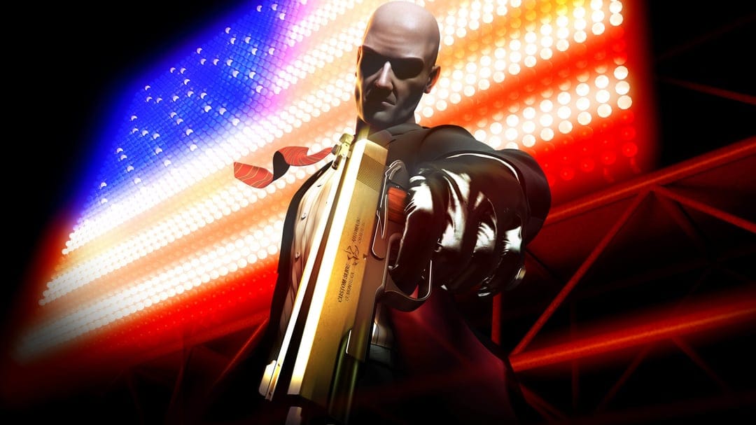 Agent 47 holding a golden pistol against a backdrop of bright red and blue stadium lights in a black suit.