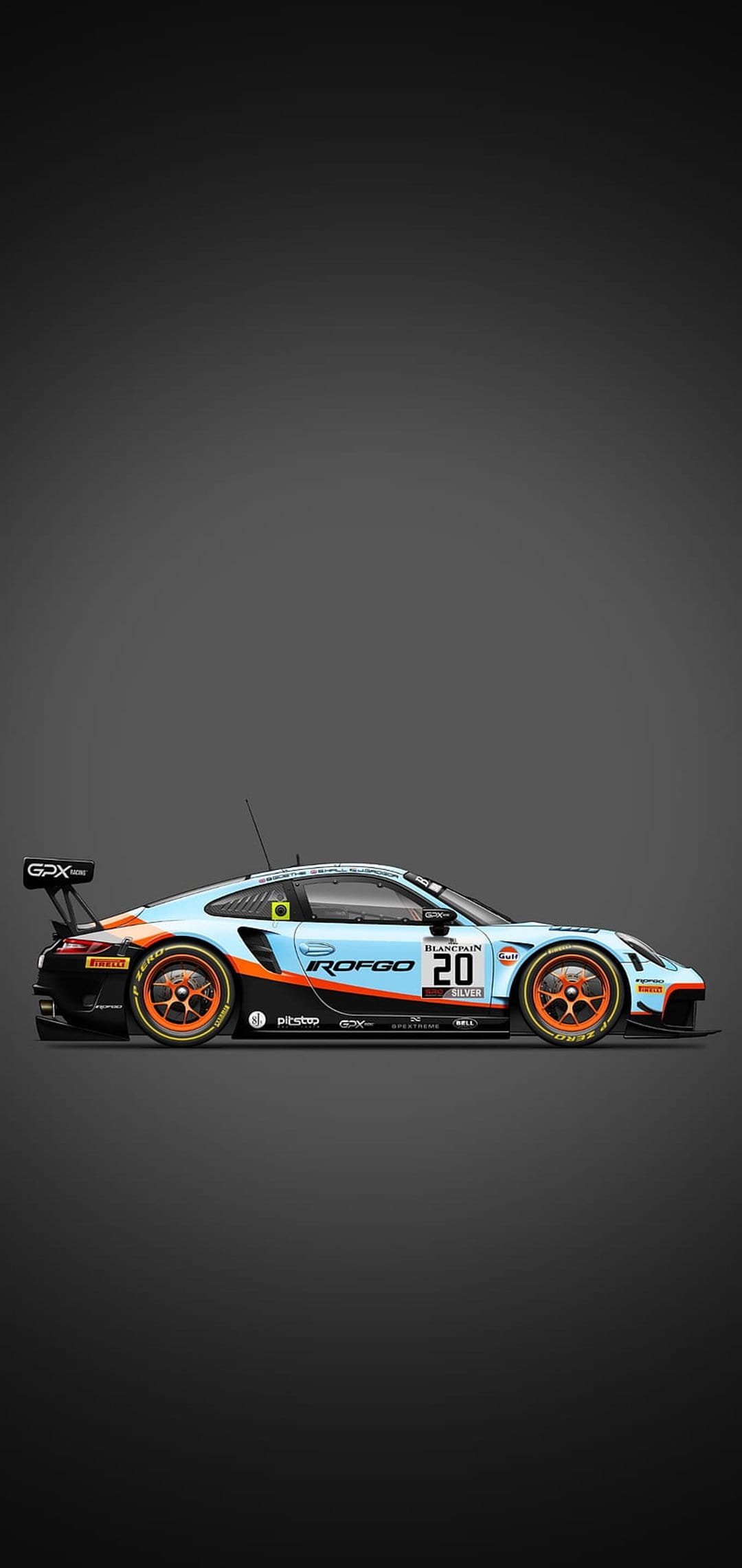 Porsche 911 GT3 R race car in light blue and orange livery shown from the side against a dark grey background.